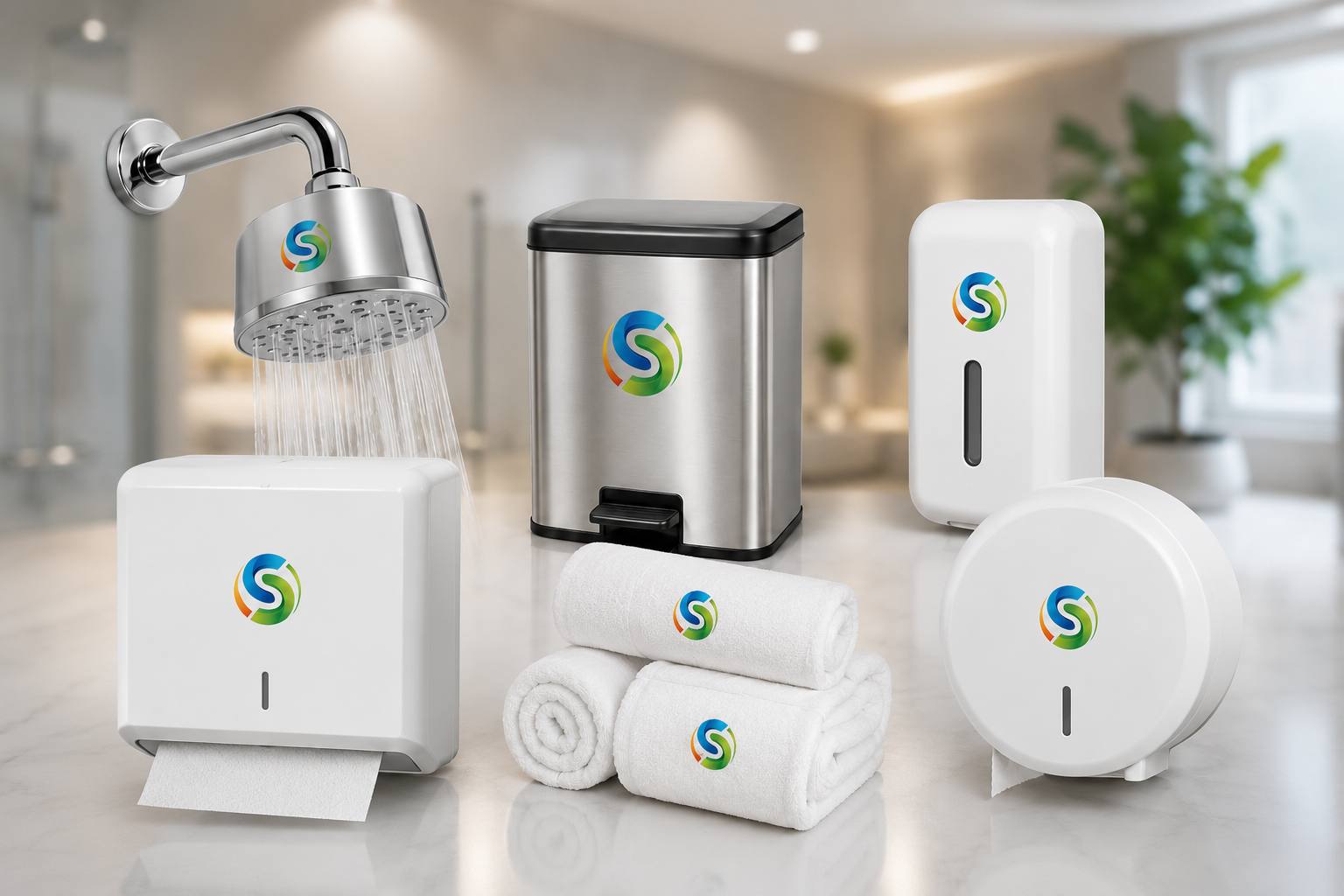Dispensadores de jabón y toallas, papeleros, porta rollos y duchas personalizados con el logo de la empresa