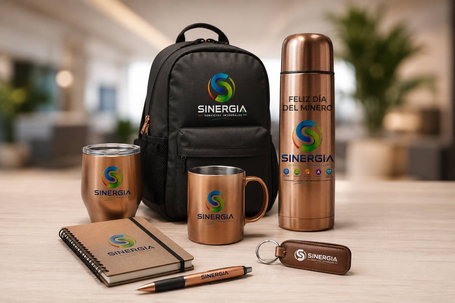 Set de merchandising corporativo personalizado: mochila, termo del Día del Minero, tazas, libreta, lápiz y llavero